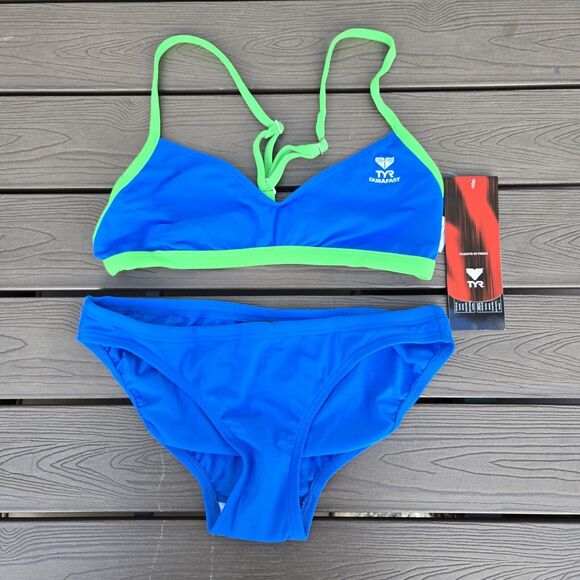 TYR Womens Durafast Solid Microback Blue/green Workout Bikini Set Sz 36 M NEW - Picture 1 of 3